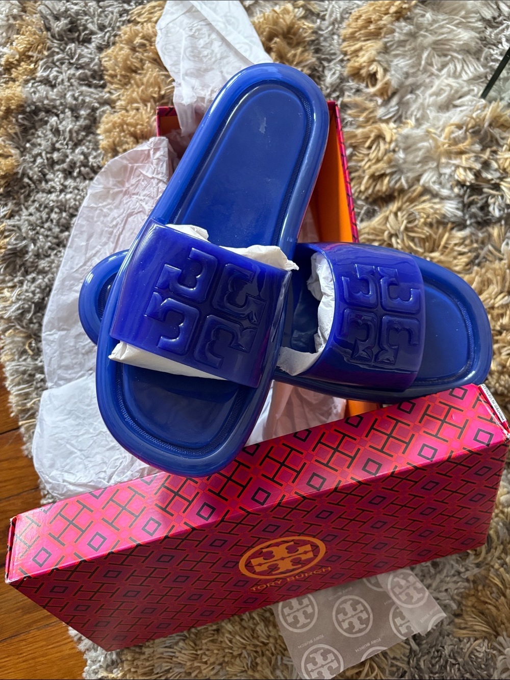 Tory Burch Women’s Glossy Royal Blue Logo Slide Sandals Size 8 (Brand New)